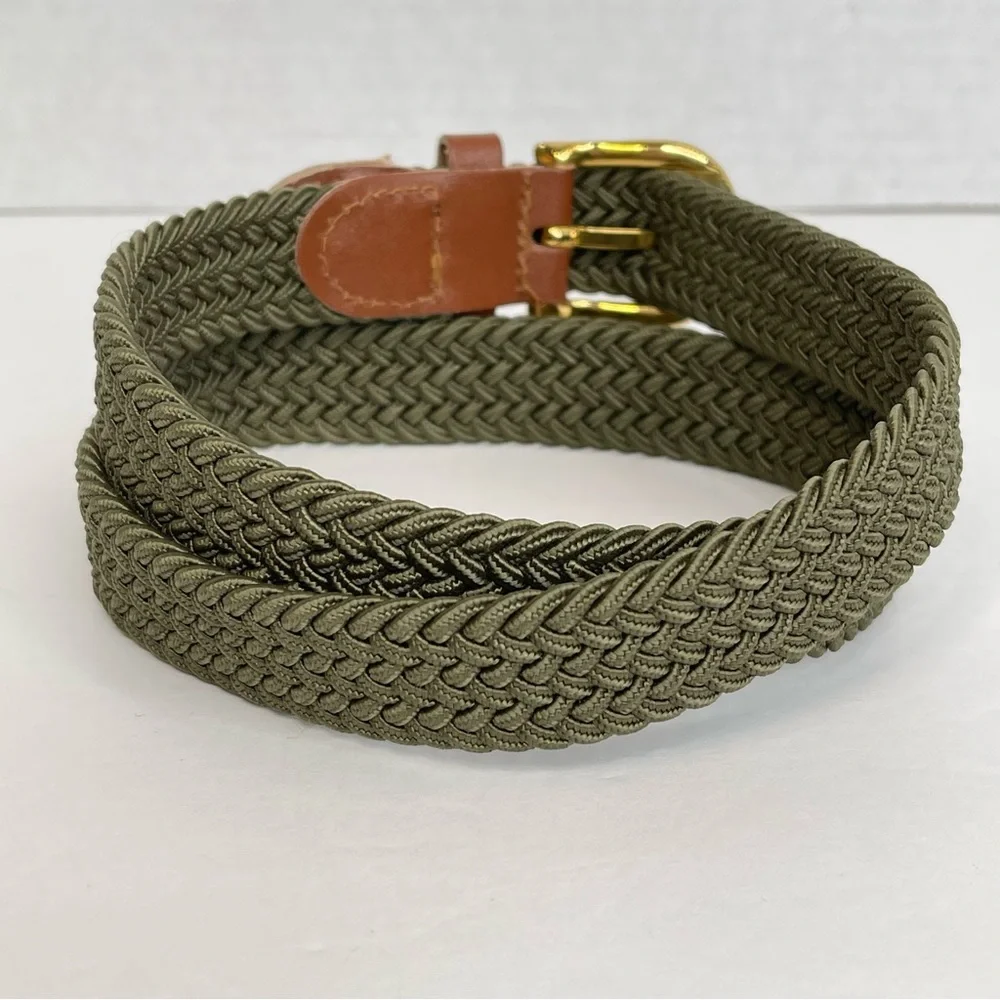 Army Green Stretchy Woven Youth Belt Brown Trim Brass Buckle Big Boy 28-30